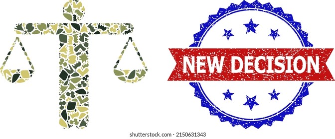 Military camouflage mosaic of judge balance icon, and bicolor grunge New Decision seal stamp. Vector watermark with New Decision tag inside red ribbon and blue rosette, unclean bicolored style.