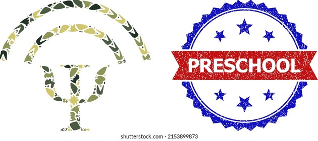 Military camouflage mosaic of mental waves icon, and bicolor grunge Preschool watermark. Vector seal with Preschool tag inside red ribbon and blue rosette, corroded bicolored style.