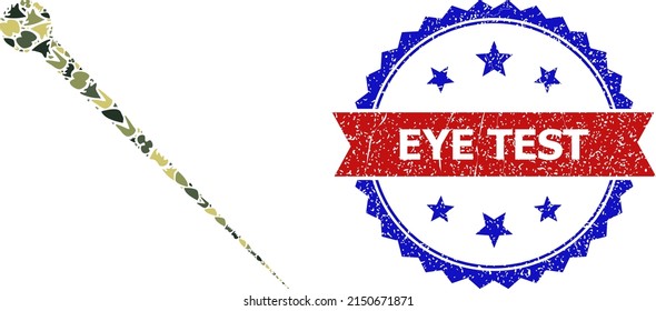 Military camouflage mosaic of needle icon, and bicolor rubber Eye Test stamp. Vector watermark with Eye Test caption inside red ribbon and blue rosette, retro bicolored style.