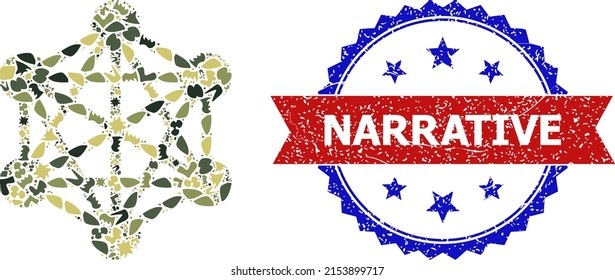 Military Camouflage Mosaic Of Network Icon, And Bicolor Grunge Narrative Watermark. Vector Watermark With Narrative Text Inside Red Ribbon And Blue Rosette, Distress Bicolored Style.