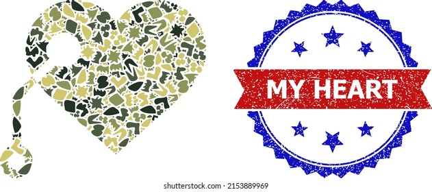 Military camouflage mosaic of pacemaker icon, and bicolor grunge My Heart seal. Vector imprint with My Heart tag inside red ribbon and blue rosette, unclean bicolored style.