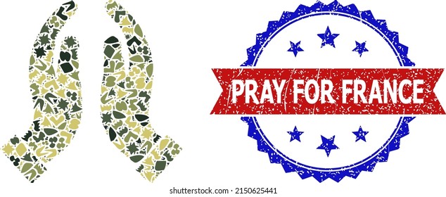 Military camouflage mosaic of praying hands icon, and bicolor scratched Pray for France seal. Vector watermark with Pray for France title inside red ribbon and blue rosette, scratched bicolored style.