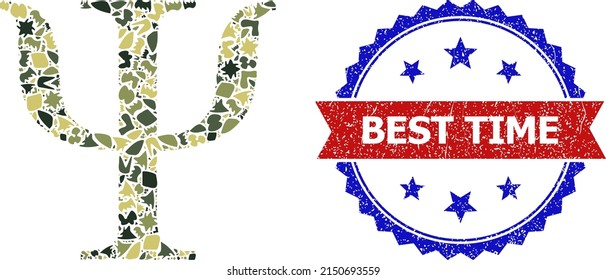 Military camouflage mosaic of Psi Greek letter icon, and bicolor dirty Best Time seal stamp. Vector seal with Best Time text inside red ribbon and blue rosette, grunge bicolored style.