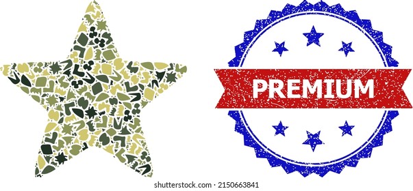 Military camouflage mosaic of red star icon, and bicolor scratched Premium seal. Vector seal with Premium title inside red ribbon and blue rosette, retro bicolored style.