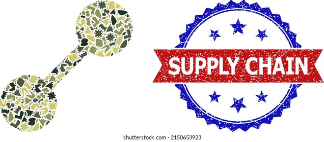 Military Camouflage Mosaic Of Relation Icon, And Bicolor Scratched Supply Chain Seal. Vector Seal With Supply Chain Text Inside Red Ribbon And Blue Rosette, Retro Bicolored Style.