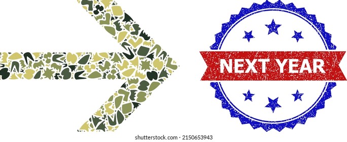 Military camouflage mosaic of right arrow icon, and bicolor rubber Next Year watermark. Vector watermark with Next Year caption inside red ribbon and blue rosette, scratched bicolored style.