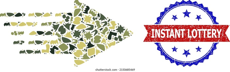 Military camouflage mosaic of rush arrow icon, and bicolor dirty Instant Lottery watermark. Vector watermark with Instant Lottery title inside red ribbon and blue rosette, scratched bicolored style.