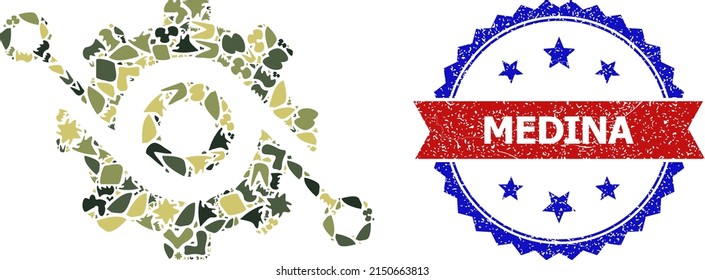 Military camouflage mosaic of smart gear icon, and bicolor unclean Medina stamp. Vector seal with Medina title inside red ribbon and blue rosette, unclean bicolored style.
