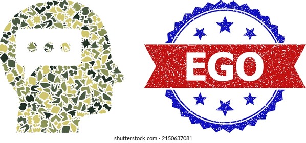 Military camouflage mosaic of thinking brain icon, and bicolor dirty Ego seal. Vector seal with Ego tag inside red ribbon and blue rosette, retro bicolored style.