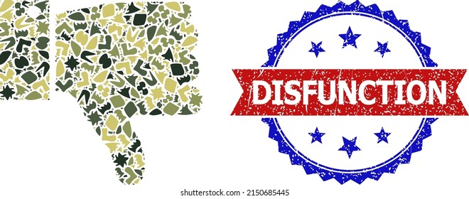 Military camouflage mosaic of thumb down icon, and bicolor scratched Disfunction watermark. Vector watermark with Disfunction tag inside red ribbon and blue rosette, retro bicolored style.