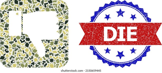 Military camouflage mosaic of thumb negative icon, and bicolor grunge Die watermark. Vector seal with Die caption inside red ribbon and blue rosette, grunge bicolored style.