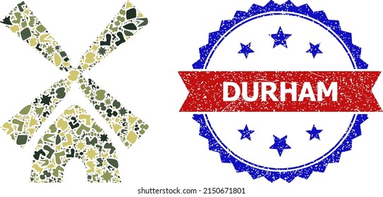Military camouflage mosaic of tower mill icon, and bicolor unclean Durham watermark. Vector watermark with Durham caption inside red ribbon and blue rosette, scratched bicolored style.