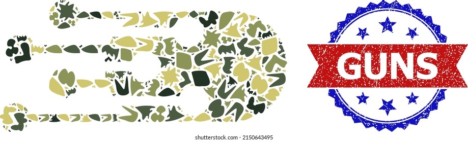 Military Camouflage Mosaic Of Transition Bullet Icon, And Bicolor Textured Guns Watermark. Vector Watermark With Guns Caption Inside Red Ribbon And Blue Rosette, Grunge Bicolored Style.