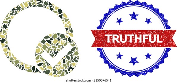 Military camouflage mosaic of validation circle icon, and bicolor scratched Truthful seal. Vector seal with Truthful title inside red ribbon and blue rosette, scratched bicolored style.