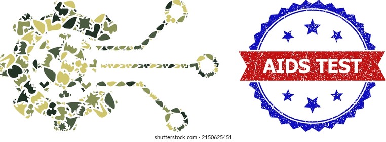 Military camouflage mosaic of virus engineering icon, and bicolor rubber AIDS Test watermark. Vector watermark with AIDS Test text inside red ribbon and blue rosette, grunge bicolored style.