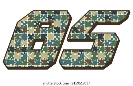 Military Camouflage Number Eighty Five Vector Illustration. Number 85 With Puzzle Camouflage Seamless Pattern Isolated On A White Background
