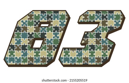 Camuflaje Militar Número Ochenta Y Tres Vectores Ilustración. Número 83 Con Camuflaje De Rompecabezas Patrón Sin Marea Aislado En Un Fondo Blanco
