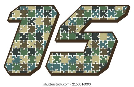 Military Camouflage Number Fifteen Vector Illustration. Number 15 With Puzzle Camouflage Seamless Pattern Isolated On A White Background
