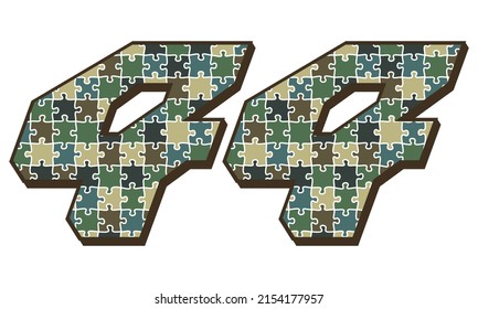 Military Camouflage Number Forty Four Vector Illustration. Number 44 With Puzzle Camouflage Seamless Pattern Isolated On A White Background
