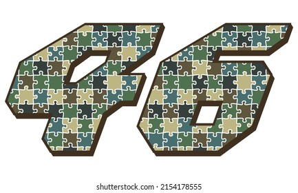 Military Camouflage Number Forty Six Vector Illustration. Number 46 With Puzzle Camouflage Seamless Pattern Isolated On A White Background
