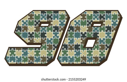 Military Camouflage Number Ninety Eight Vector Illustration. Number 98 With Puzzle Camouflage Seamless Pattern Isolated On A White Background
