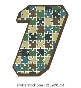 Military Camouflage Number One Vector Illustration. Number 1 With Puzzle Camouflage Seamless Pattern Isolated On A White Background
