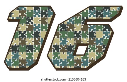 Military Camouflage Number Sixteen Vector Illustration. Number 16 With Puzzle Camouflage Seamless Pattern Isolated On A White Background
