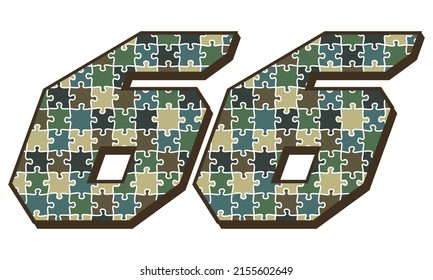 Military Camouflage Number Sixty Six Vector Illustration. Number 66 With Puzzle Camouflage Seamless Pattern Isolated On A White Background
