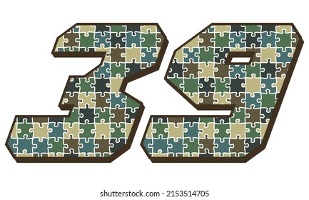 Military Camouflage Number Thirty Nine Vector Illustration. Number 39 With Puzzle Camouflage Seamless Pattern Isolated On A White Background
