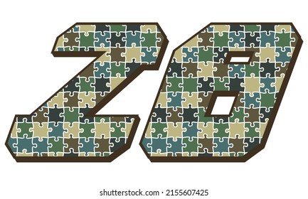 Military Camouflage Number Twenty Eight Vector Illustration. Number 28 With Puzzle Camouflage Seamless Pattern Isolated On A White Background
