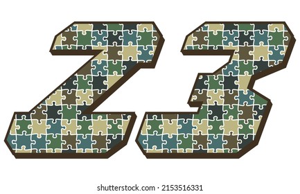 Military Camouflage Number Twenty Three Vector Illustration. Number 23 With Puzzle Camouflage Seamless Pattern Isolated On A White Background
