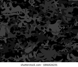 Military Camouflage Paint. Gray Camo Print. Camo Dirty Canvas. Hunter Gray Texture. Black Modern Pattern. Abstract Vector Background. Digital Dark Camouflage Seamless Print. Fabric Woodland Camouflage