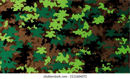 Military Camouflage pattern with pixelate styles. Army and navy colors on mosaic wallpaper. Canvas Fabric textile seamless background.