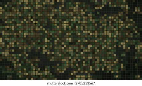 Military camouflage pattern pixelated grid background with dark earth tones