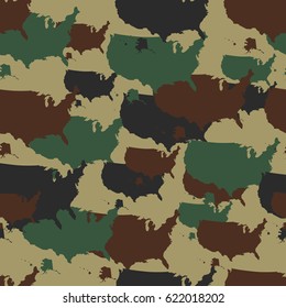 Military camouflage pattern. Seamless repeat camo in different colors. Vector summer military print with USA map. Army woodland camo.