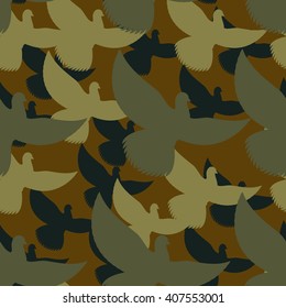 Military camouflage Pigeons. Birds Protective seamless pattern. Army soldier texture for clothes. Ornament for hunter. Dove khaki ornament
