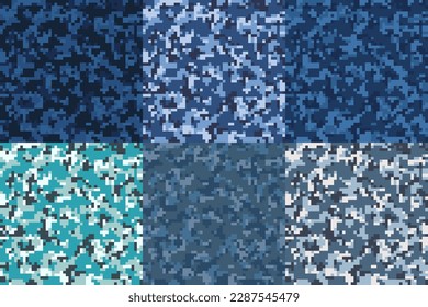 Military camouflage with pixel patterns. Blue seamless pixel camo. Army and hunting camouflage ornament.