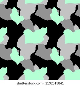 Military camouflage seamless pattern in black, mint green and gray colors. Seamless repeat urban UFO camouflage pattern, usable as bright print, backdrop, background etc.