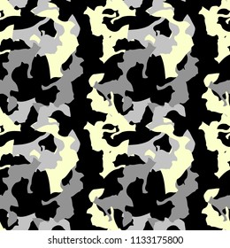 Military camouflage seamless pattern in black, yellow and gray colors. Seamless repeat urban UFO camouflage pattern, usable as bright print, backdrop, background etc.