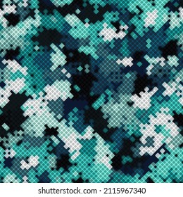 Military camouflage seamless pattern. China color style urban digital pixel camo. Abstract army and hunting masking ornament texture. Vector illustration background