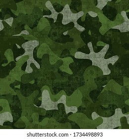 Military camouflage seamless pattern. Classic clothing style masking repeat print. Vector digital pixel mosaic on green and olive colors forest camo texture