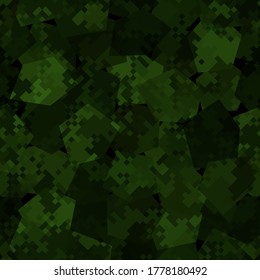 Military camouflage seamless pattern. Dark green woodland digital pixel style. Abstract army and hunting masking ornament texture. Vector illustration background
