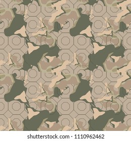 Military camouflage seamless pattern in green, beige and brown colors. Octagonal grid camo repeat background. Usable as camoflauge textile print, backdrop, wallpaper etc.