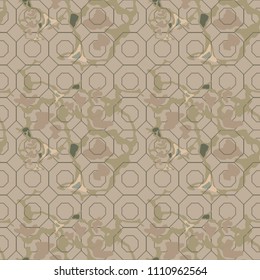 Military camouflage seamless pattern in green, beige and brown colors. Octagonal grid camo repeat background. Usable as camoflauge textile print, backdrop, wallpaper etc.