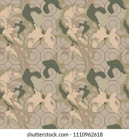 Military camouflage seamless pattern in green, beige and brown colors. Octagonal grid camo repeat background. Usable as camoflauge textile print, backdrop, wallpaper etc.