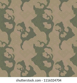 Military camouflage seamless pattern in green, khaki, olive and brown colors. Rhombic grid camo repeat background. Usable as camoflauge textile print, backdrop, wallpaper etc.