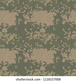 Military camouflage seamless pattern in green and brown colors. Rhombic grid camo repeat background. Usable as camoflauge textile print, backdrop, wallpaper etc.