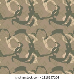 Military camouflage seamless pattern in green, beige and brown colors. Rhombic grid camo repeat background. Usable as camoflauge textile print, backdrop, wallpaper etc.