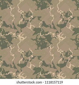 Military camouflage seamless pattern in green, beige and brown colors. Rhombic grid camo repeat background. Usable as camoflauge textile print, backdrop, wallpaper etc.