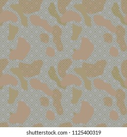 Military camouflage seamless pattern in green, beige and grey colors. Rhombic grid camo repeat background. Usable as camoflauge textile print, backdrop, wallpaper etc.